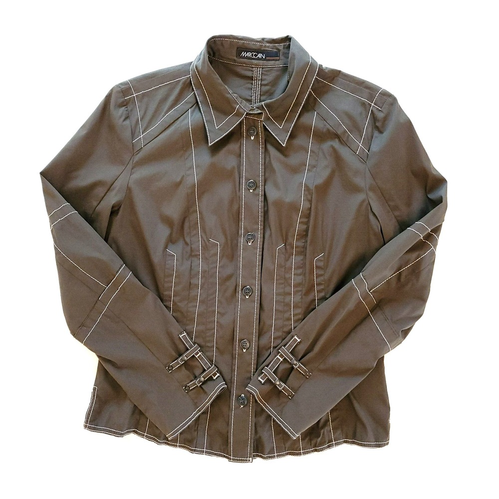 Marc Cain Blouse Women M‎ Brown Cotton Blend Contrasting Stitch Germany Unique
